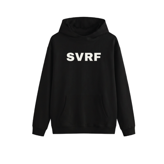 SVRF Big Logo Hood in Black, shown from the front