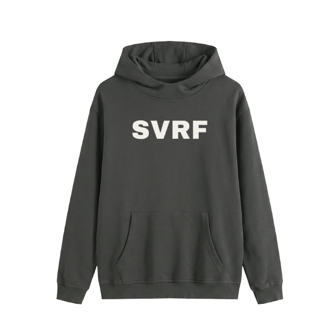 SVRF Big Logo Hood in Charcoal, shown from the front with the SVRF logo