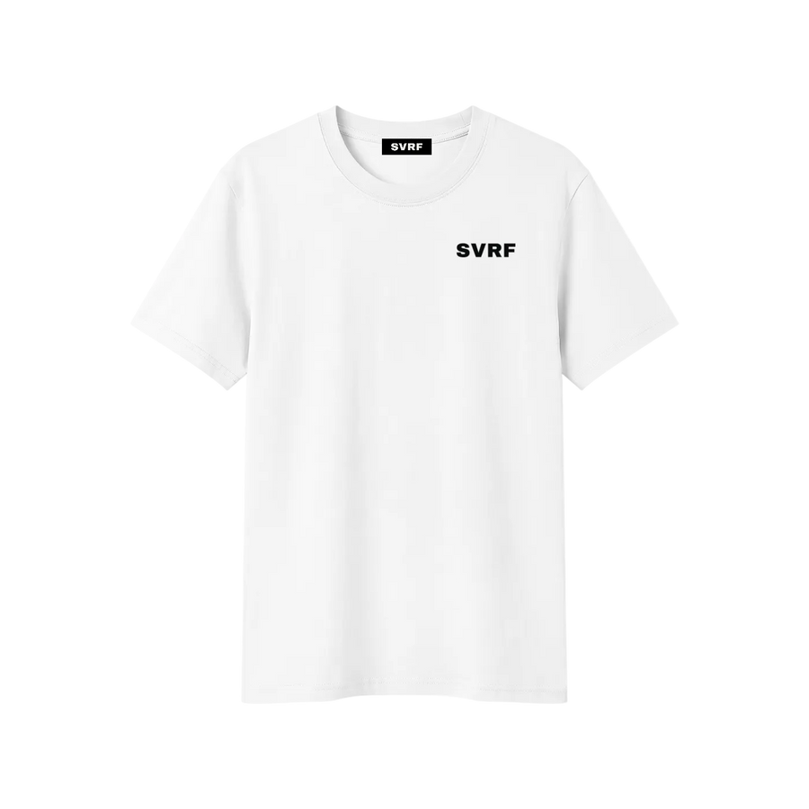 SVRF Core Tee in White, a cotton-Sorona t-shirt, shown from the front with a small SVRF chest logo