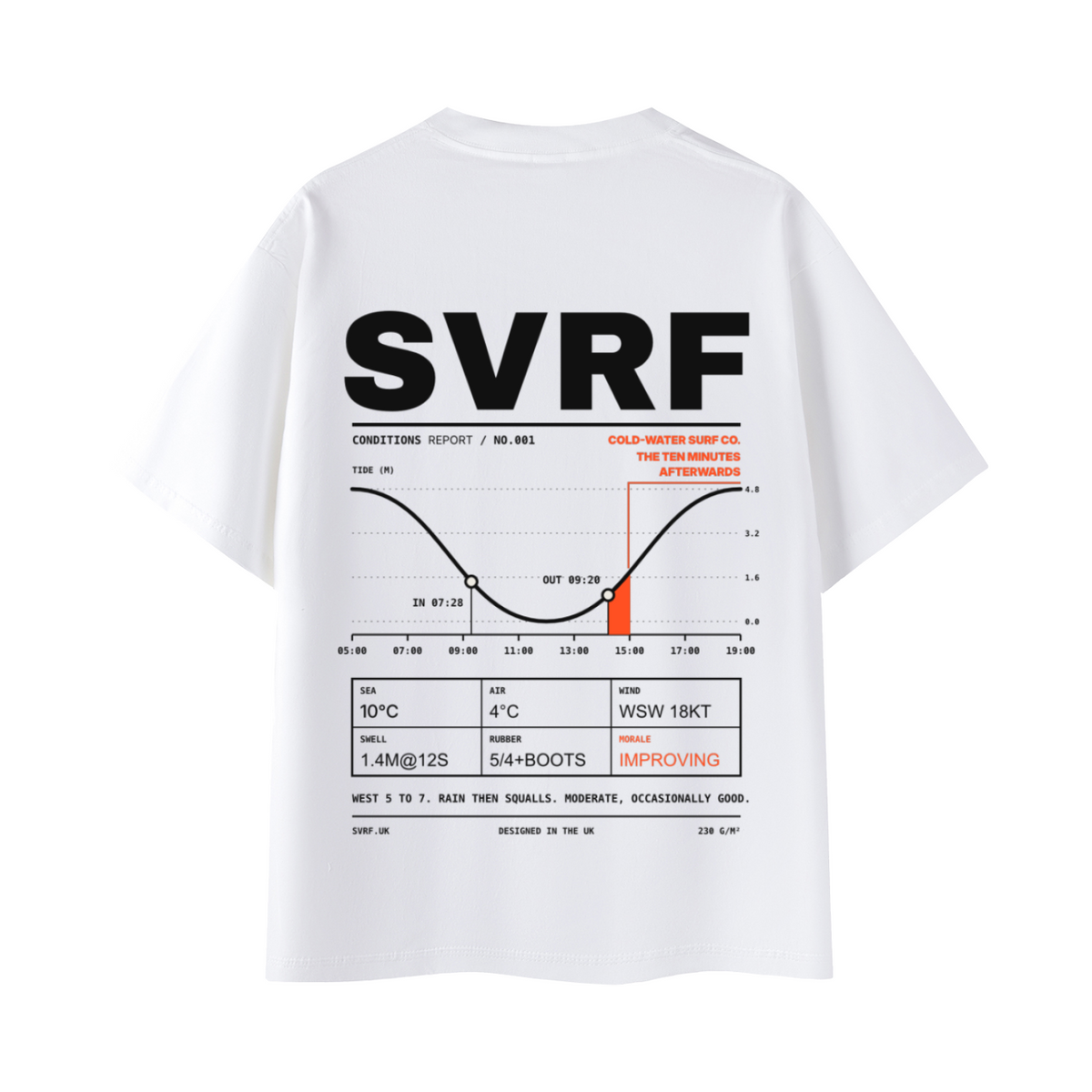 SVRF Forecast Tee in white, back view with Conditions Report tide chart print