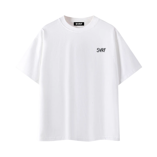 SVRF Ballpoint Tee in white, front view with hand-drawn SVRF chest print