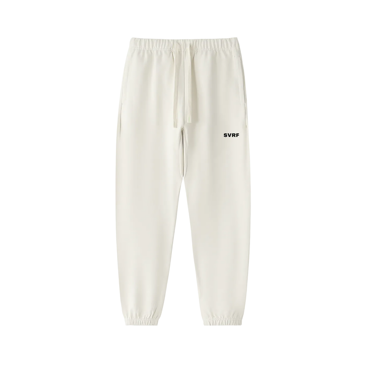 SVRF Core Sweatpants in Chalk, heavyweight cream cotton sweatpants with drawcord waist and cuffed ankles, shown from the front