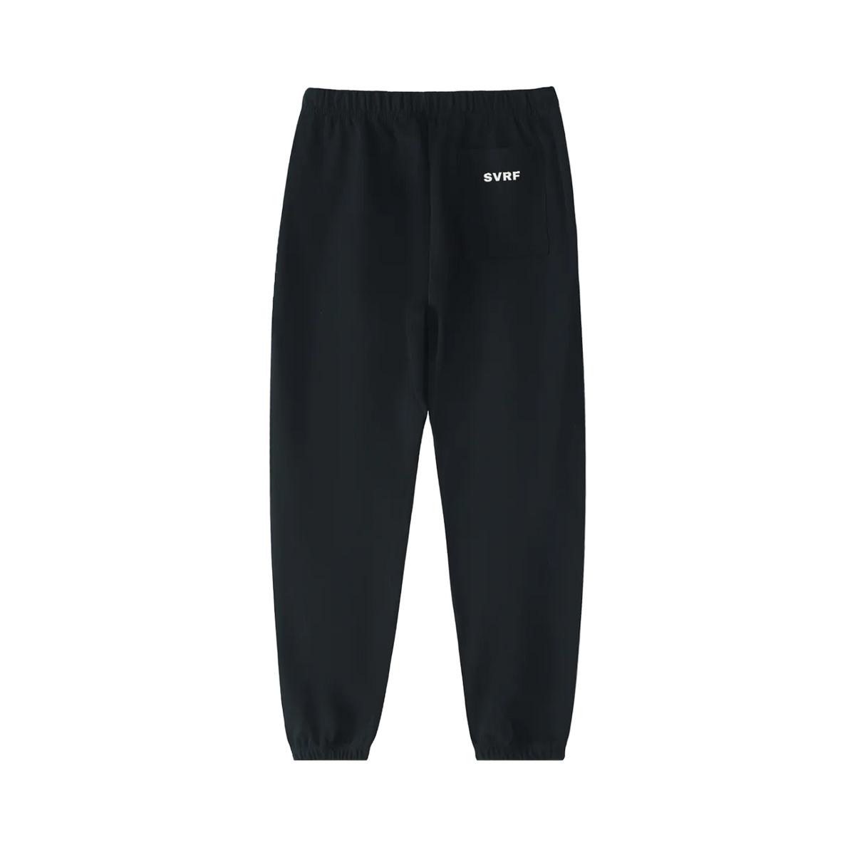Black SVRF Core Sweatpants, back, showing the rear patch pocket and cuffed ankles