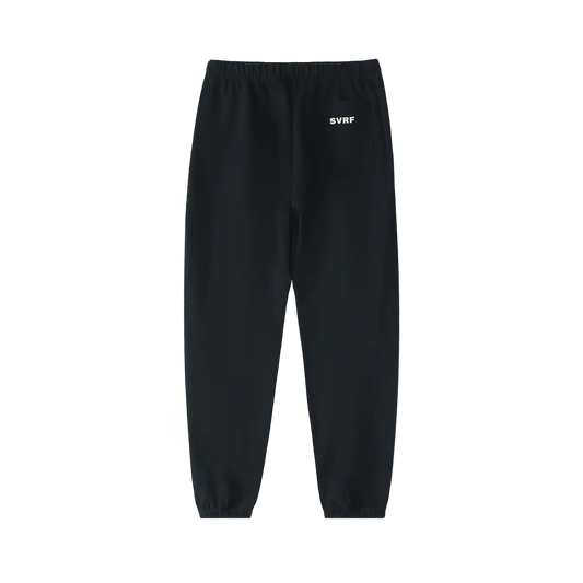 Black SVRF Core Sweatpants, back, showing the rear patch pocket and cuffed ankles