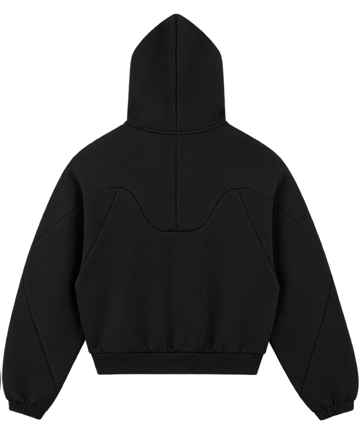SVRF Raglan Hood in black, back, showing the wave-cut back yoke and raglan sleeves