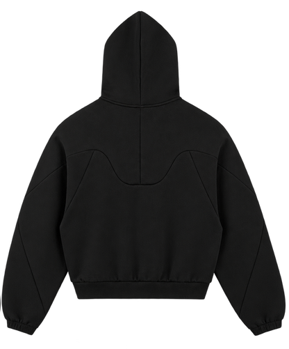 SVRF Raglan Hood in black, back, showing the wave-cut back yoke and raglan sleeves