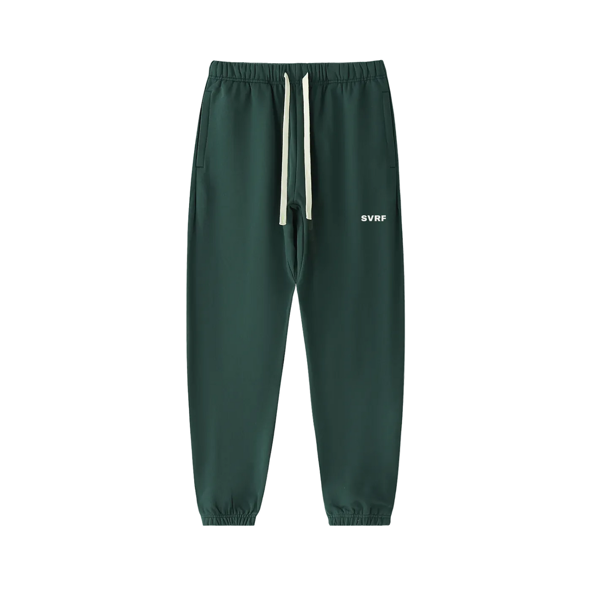 Forest green SVRF Core Sweatpants, front, showing the drawcord waist and the SVRF logo on the right thigh