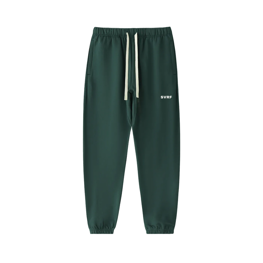 Forest green SVRF Core Sweatpants, front, showing the drawcord waist and the SVRF logo on the right thigh