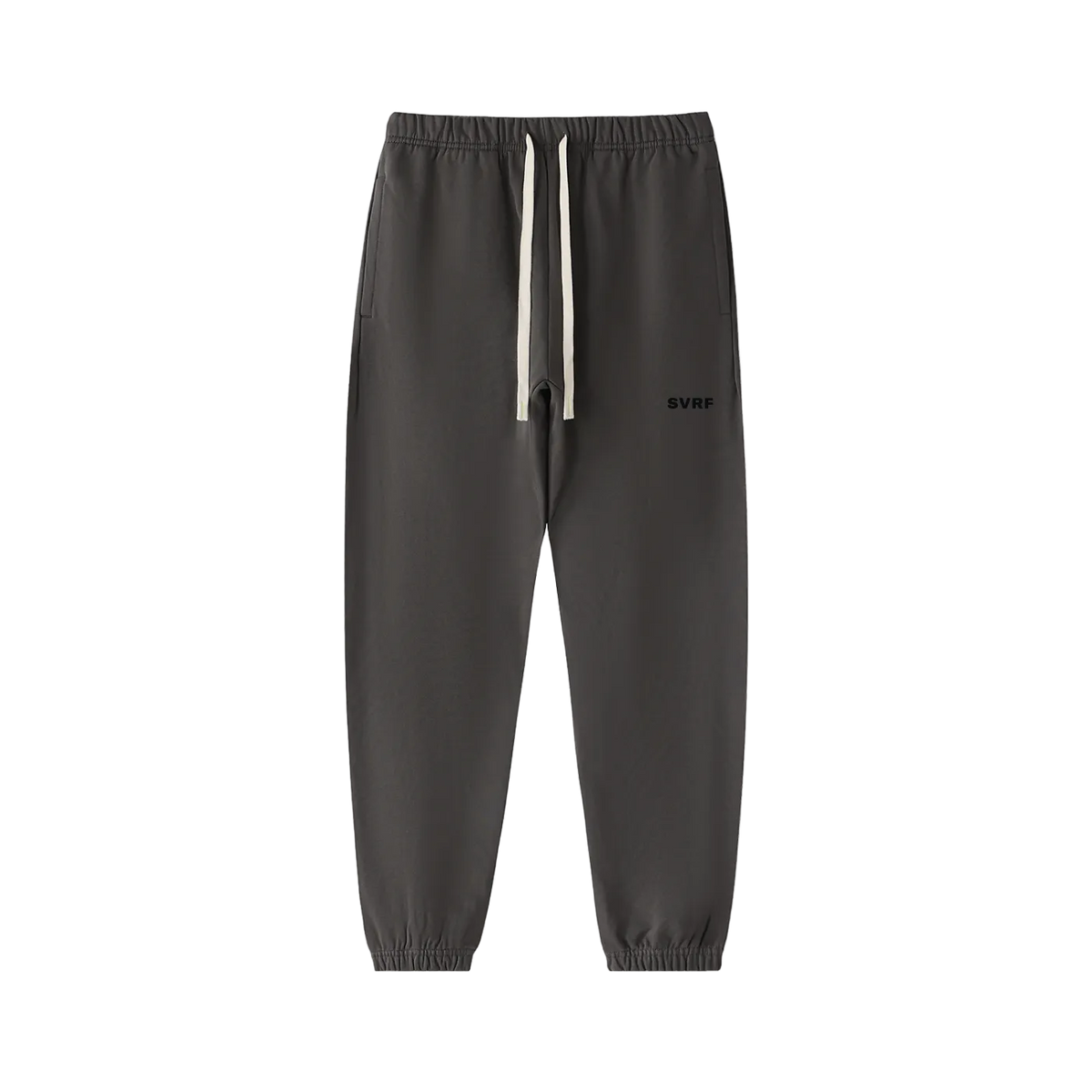 SVRF Core Sweatpants in Charcoal, heavyweight dark grey cotton sweatpants with a contrast drawcord, shown from the front