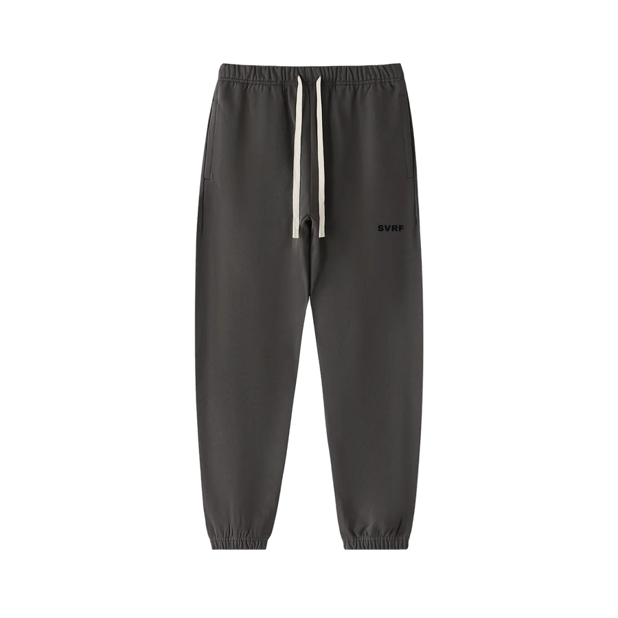 SVRF Core Sweatpants in Charcoal, heavyweight dark grey cotton sweatpants with a contrast drawcord, shown from the front
