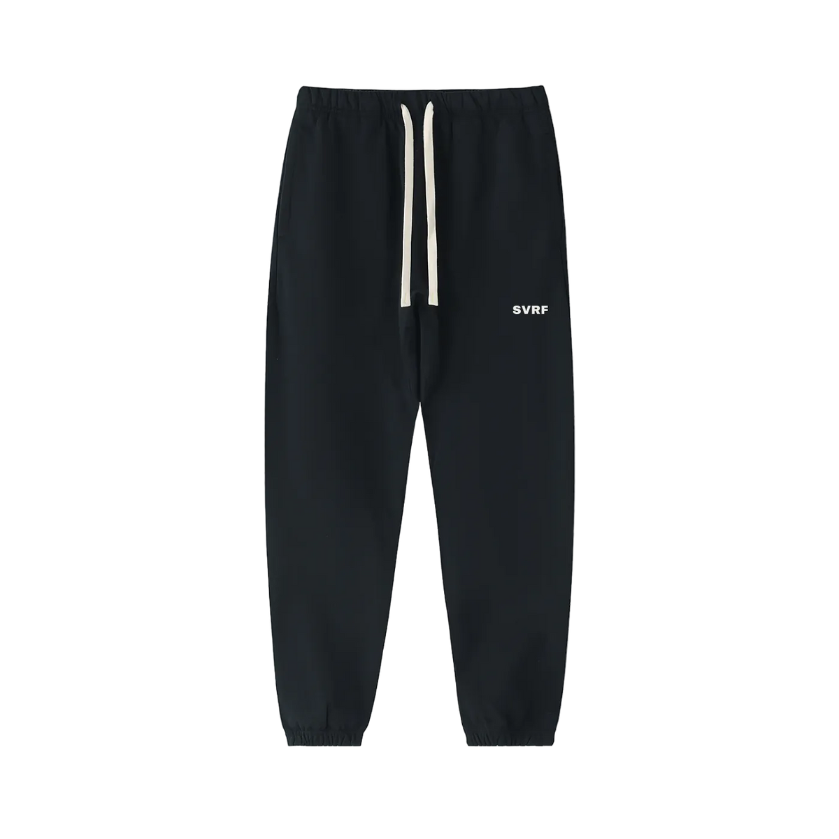 Black SVRF Core Sweatpants, front, showing the drawcord waist and the SVRF logo on the right thigh