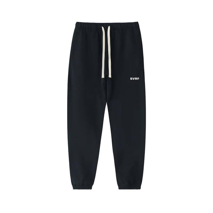 Black SVRF Core Sweatpants, front, showing the drawcord waist and the SVRF logo on the right thigh