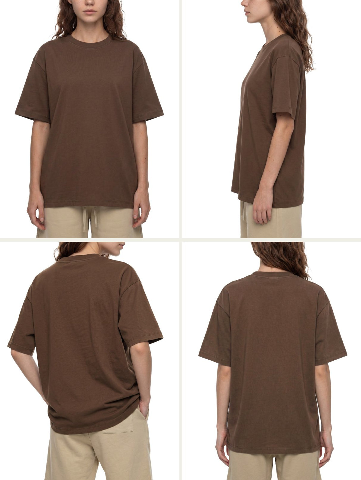 Fit photo: the heavyweight tee on a 172cm / 5'8" female model wearing S, front, side, three-quarter and back views (shown in brown)