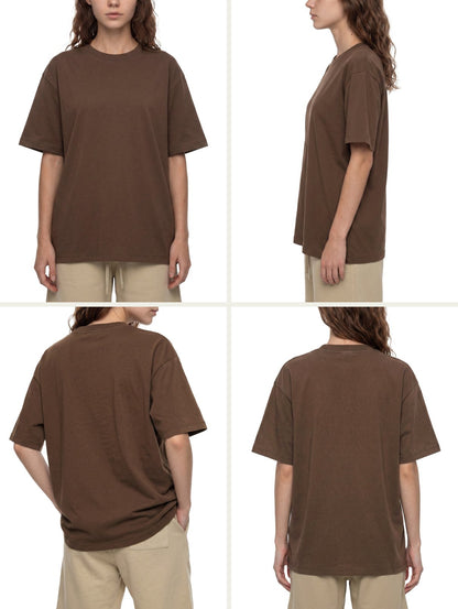 Fit photo: the heavyweight tee on a 172cm / 5'8" female model wearing S, front, side, three-quarter and back views (shown in brown)