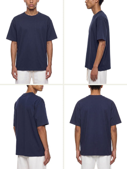 Fit photo: the heavyweight tee on a 185cm / 6'1" male model wearing L, front, side, three-quarter and back views (shown in navy)