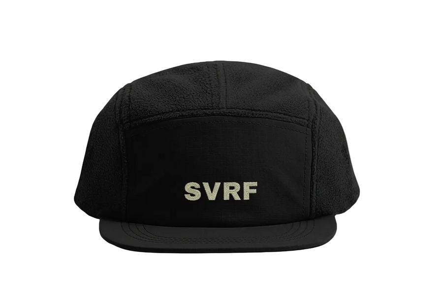 SVRF Dome Warmer cap in Black, shown from the front with the SVRF logo