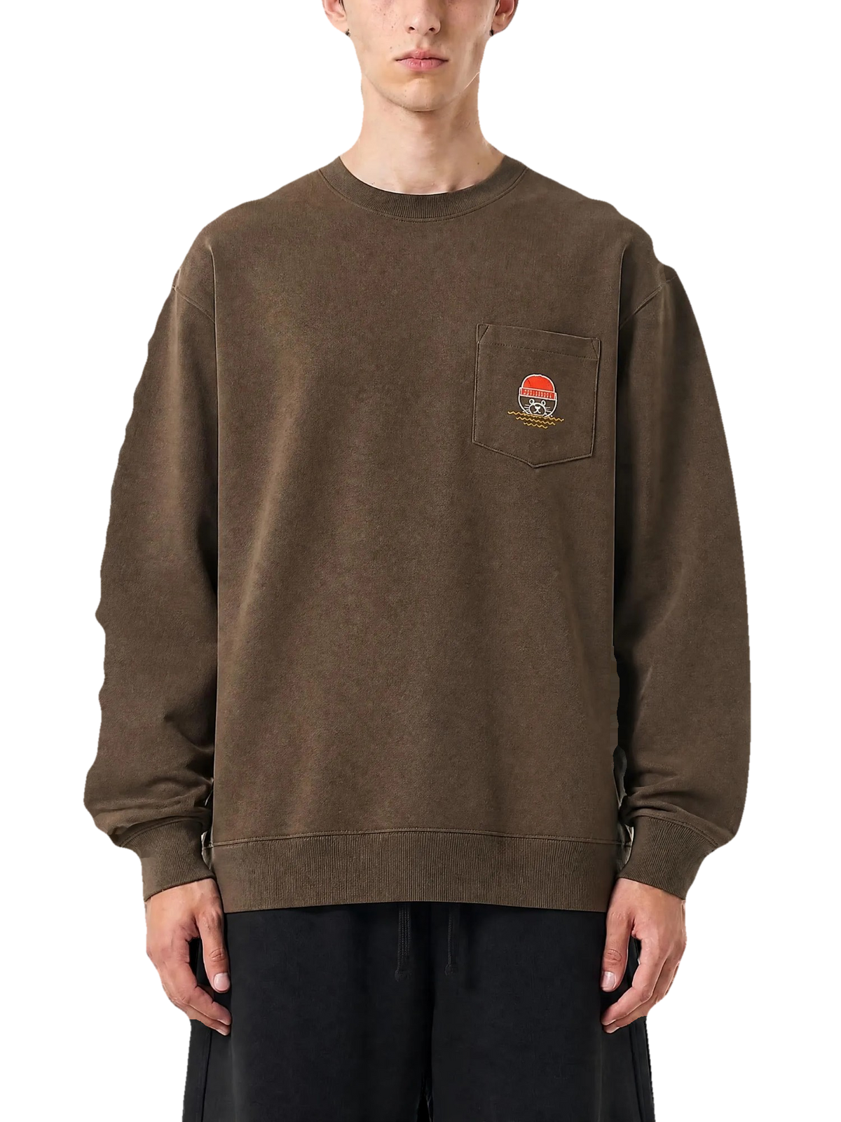 SVRF Seal Pocket Crew in coffee, front view with a seal in an orange beanie printed on the chest pocket