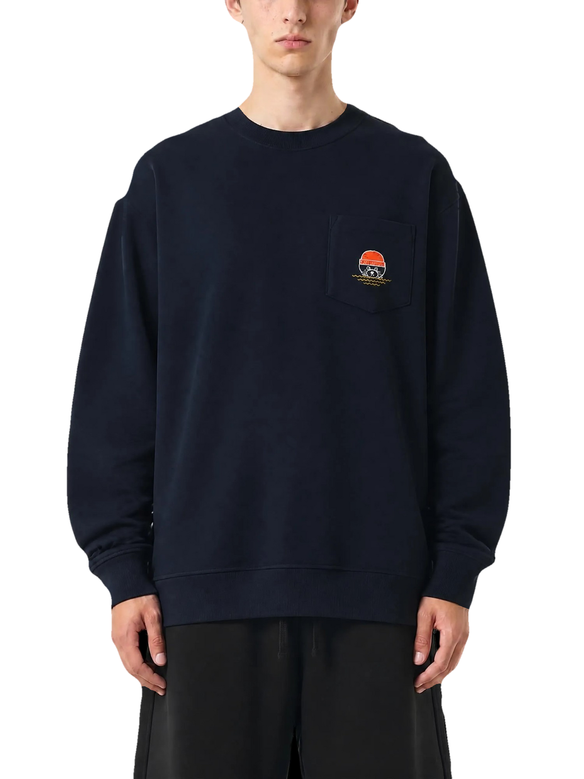 SVRF Seal Pocket Crew in navy, front view with a seal in an orange beanie printed on the chest pocket